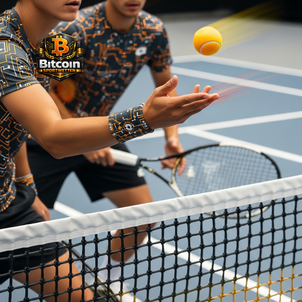 Zwei Tennisspieler in einem dynamischen Duell, das den direkten sportlichen Vergleich und die taktische Auseinandersetzung zwischen Iran und Neuseeland symbolisiert.