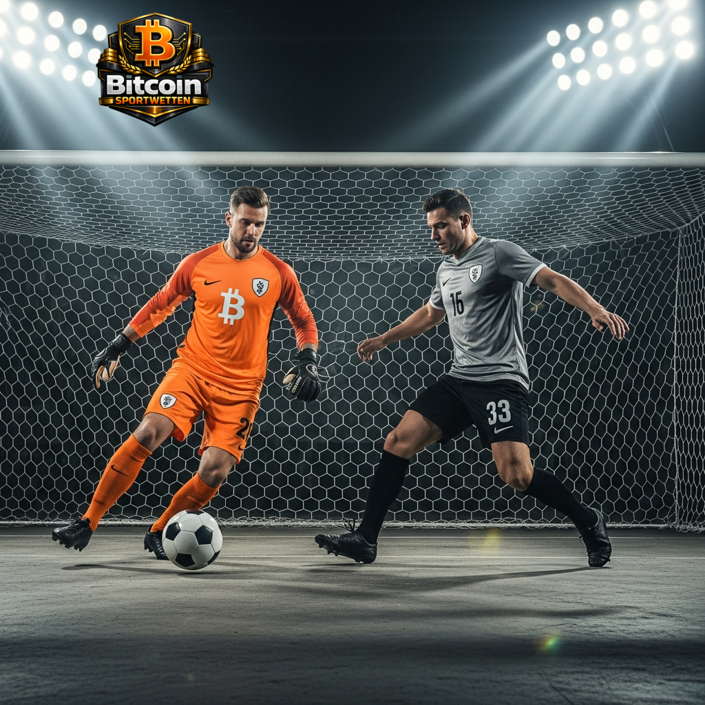 Fußballtorwart in Aktion wehrt einen Schuss ab, ein Spieler trägt ein Trikot mit Bitcoin-Logo, als Symbol für strategische Krypto-Wetten