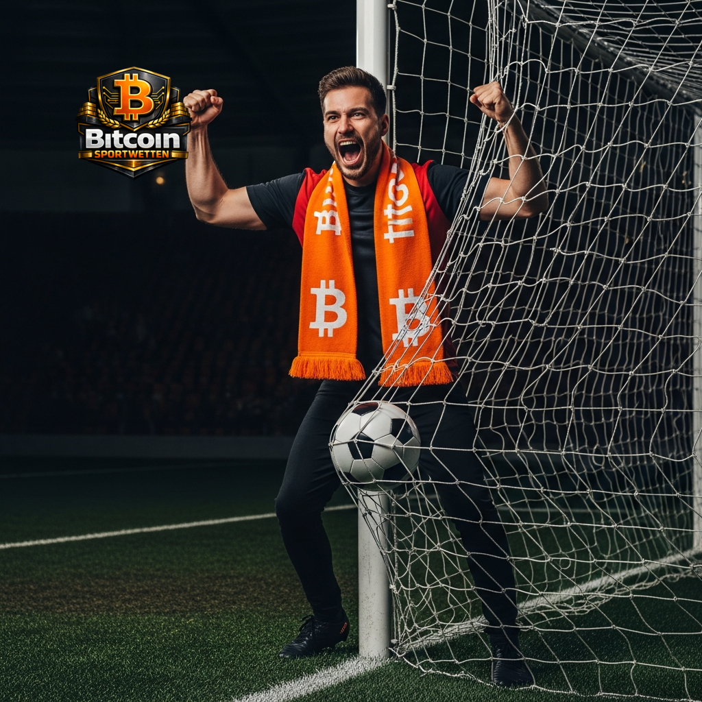 Begeisterter Fußballfan feiert ein Tor im Stadion mit einem Bitcoin-Schal, was die globale Verbindung von Fußball und Krypto-Wetten darstellt