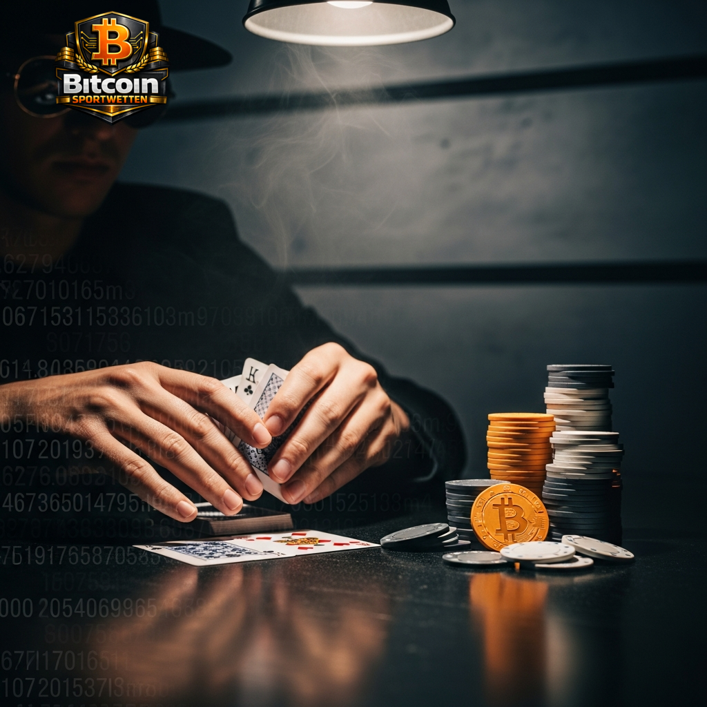 Eine Person platziert eine Wette an einem Pokertisch mit einer digitalen Bitcoin-Datenüberlagerung, die die Vielfalt der verfügbaren Krypto-Wettmärkte veranschaulicht.