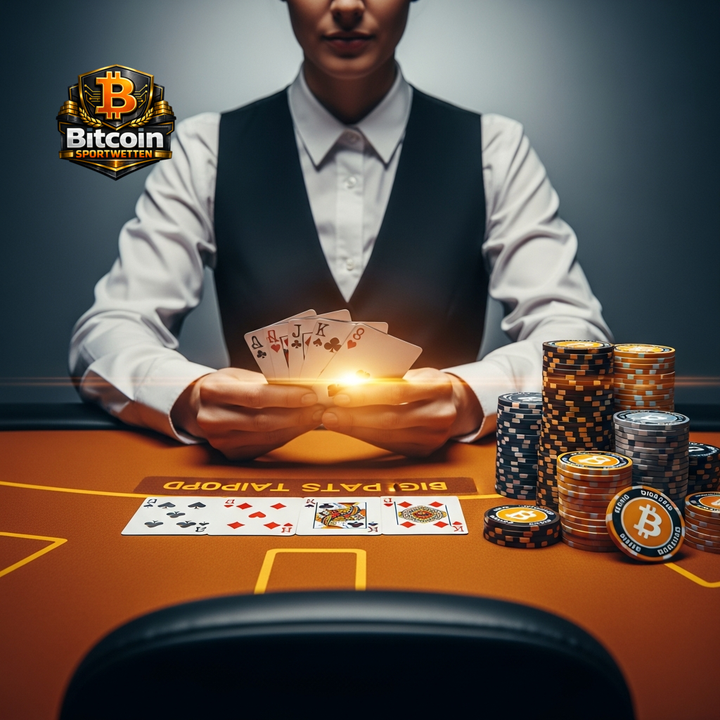 Ein Pokertisch mit Casino-Chips und markanten Bitcoin-Chips, der die Kombination aus strategischem Wetten und dem Einsatz von Kryptowährungen veranschaulicht.