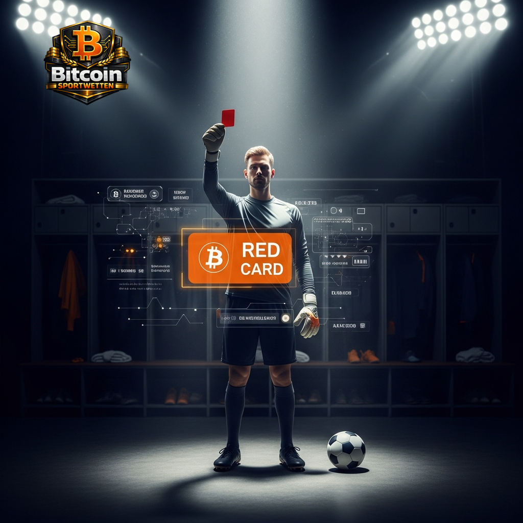 Schiedsrichter im Umkleideraum zeigt eine rote Karte mit einem leuchtenden Bitcoin-Overlay, das Spezialwetten im Fußball-Krypto-Wetten darstellt