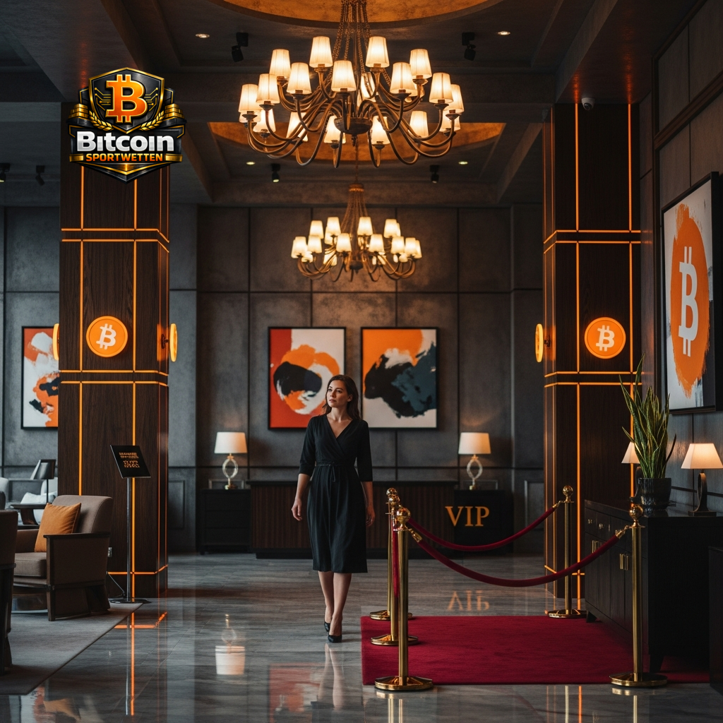 Eine moderne und luxuriöse VIP-Lobby mit Bitcoin-Branding, die die hochwertigen Austragungsorte der Weltmeisterschaft 2026 repräsentiert.