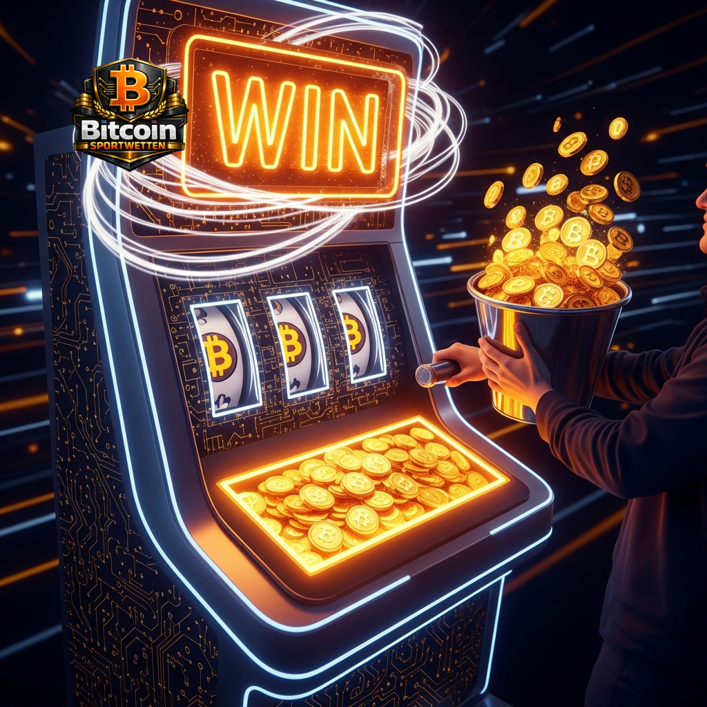 Ein leuchtender Spielautomat mit Bitcoin-Symbolen schüttet einen Strom goldener Bitcoin-Münzen aus, der die Vielfalt der Wettmärkte für das Spiel Haiti gegen Schottland symbolisiert.