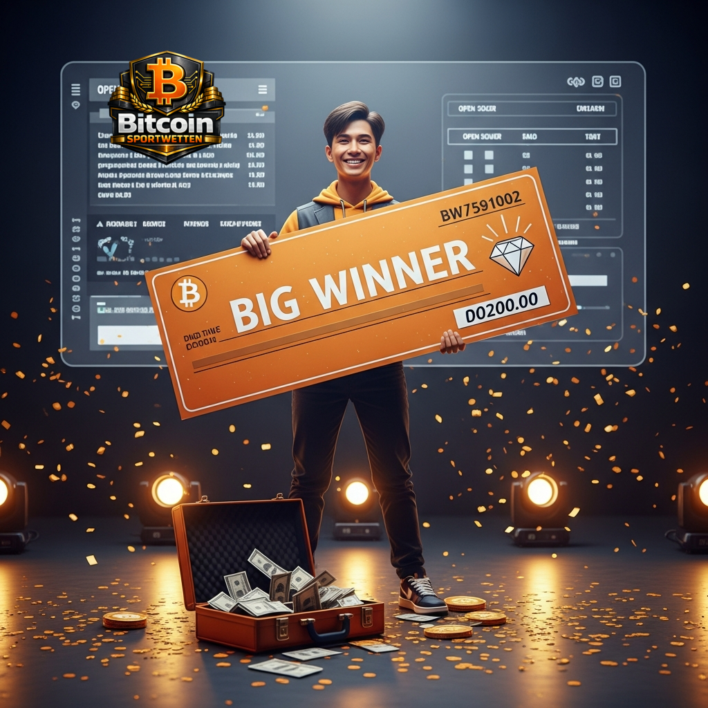 Ein glücklicher Gewinner hält einen 'BIG WINNER'-Scheck mit Bitcoin-Logo, der eine erfolgreiche Expertenprognose und Wette darstellt.